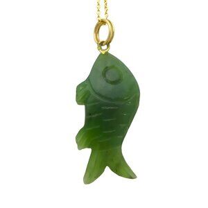 Vintage 12K Gold Filled Carved Green Jade Fish Good Luck Charm Pendant